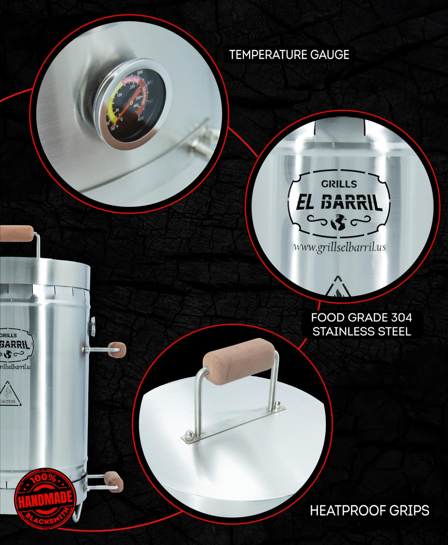 EL BARRIL 30lbs Smoker Grill Combo, Stainless Steel Vertical Barrel Charcoal Smoker. Outdoor Grill with Grilling Accessories