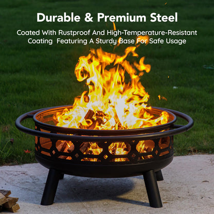 Florise 36 Inch Fire Pit, Outdoor Wood Burning Firepit with Removable Grill & Poker, Heavy Duty Metal Round Fireplace,2 in 1 Large Bonfire for Outside,BBQ,Yard,Patio