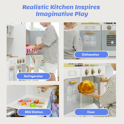 Play Kitchen for Kids, Wooden Play Kitchen with Toy Storage System, 21pcs Accessories Included, Oven Faucet, Microwave, Ice Maker, BBQ, with Lights & Sounds Kitchen Playset Gift for Ages 3+