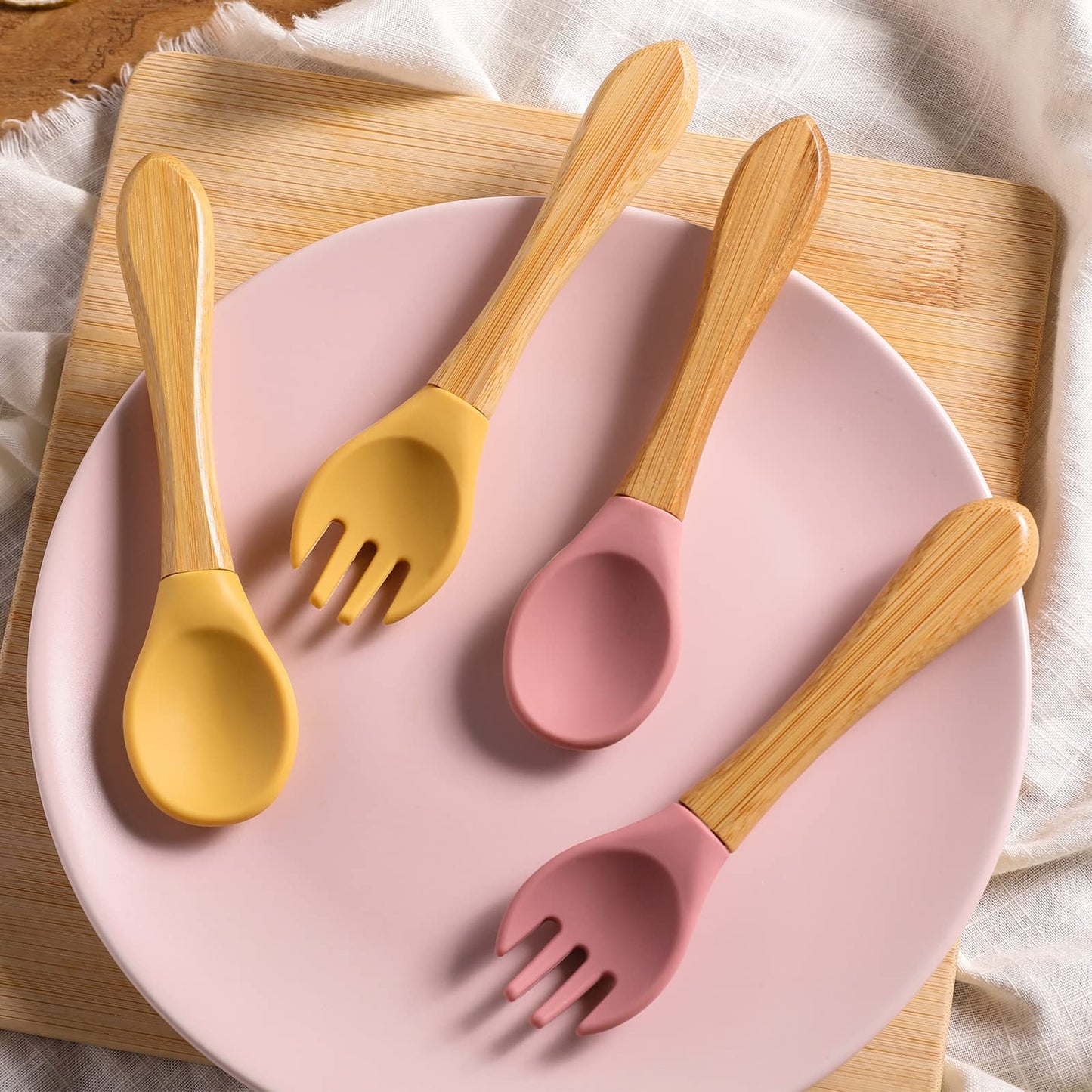 Mamimami Home Baby Feeding Spoon, Bamboo Wood and Silicone Baby Fork and Spoon - Soft Curved Silicone Tip Spoons - Suitable for Baby and Toddlers Forked Spoone（Yellow）