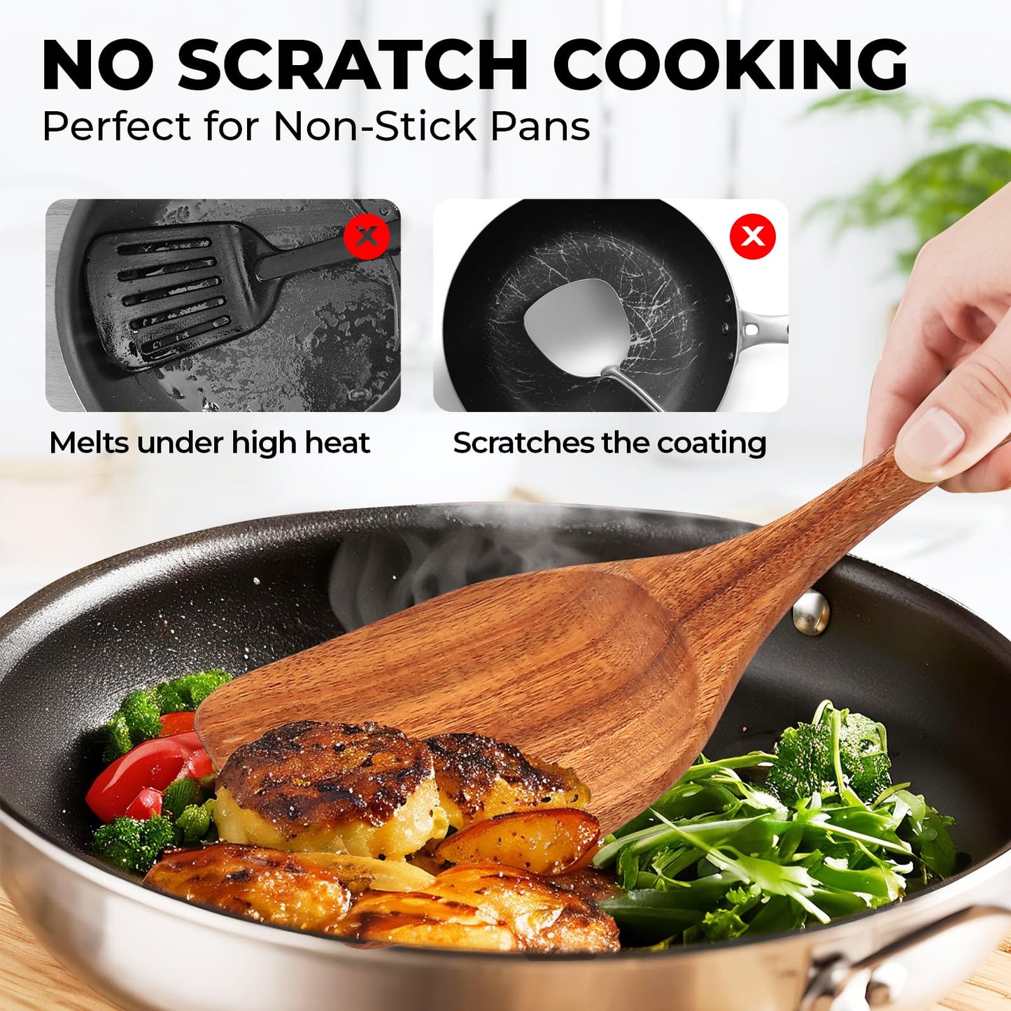 YTYOTO Wooden Spoons for Cooking, Natural Teak Wooden Kitchen Utensils Set, Essential Wooden Spoon Set (9Pcs)