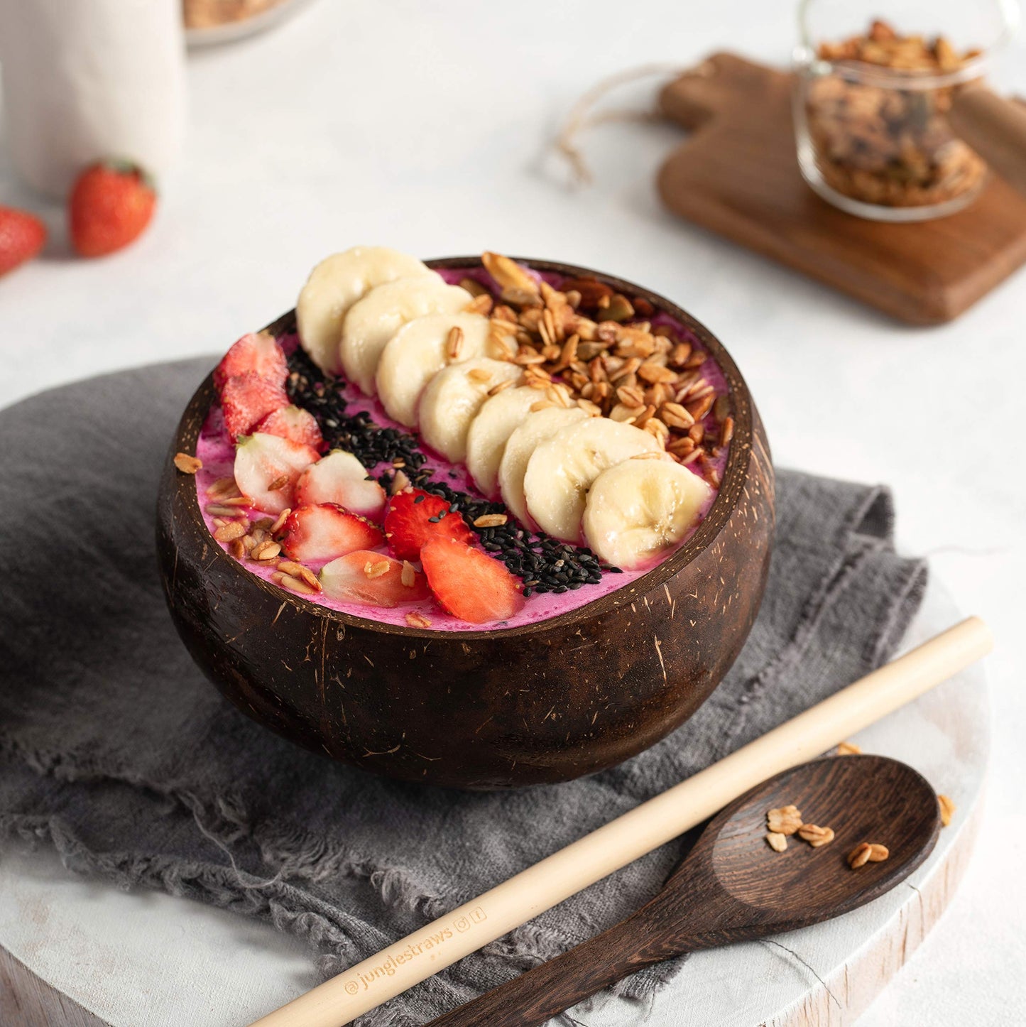 Jungle Culture 2 Polished Coconut Bowl and Wooden Spoons Set with Bamboo Straws • Natural Coconut Smoothie Bowls • Healthy Choice Coco Shell Acai & Buddha Bowls • Eco Friendly Vegan Gifts