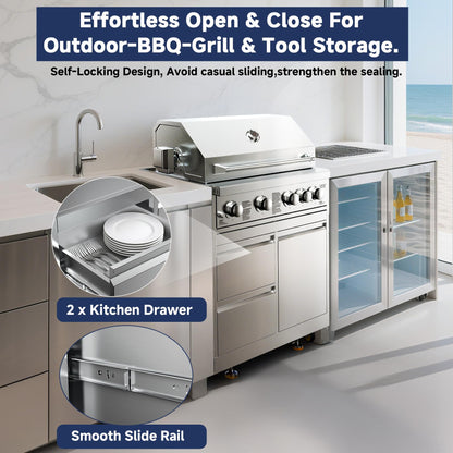 BODEGA Stainless Steel Outdoor Kitchen Drawer Cabinet for Built-in BBQ Grill with 2 Drawers and Propane Tank Storage,Outdoor kitchen storage perfect for Outdoor Kitchen BBQ Island.For all weather use.