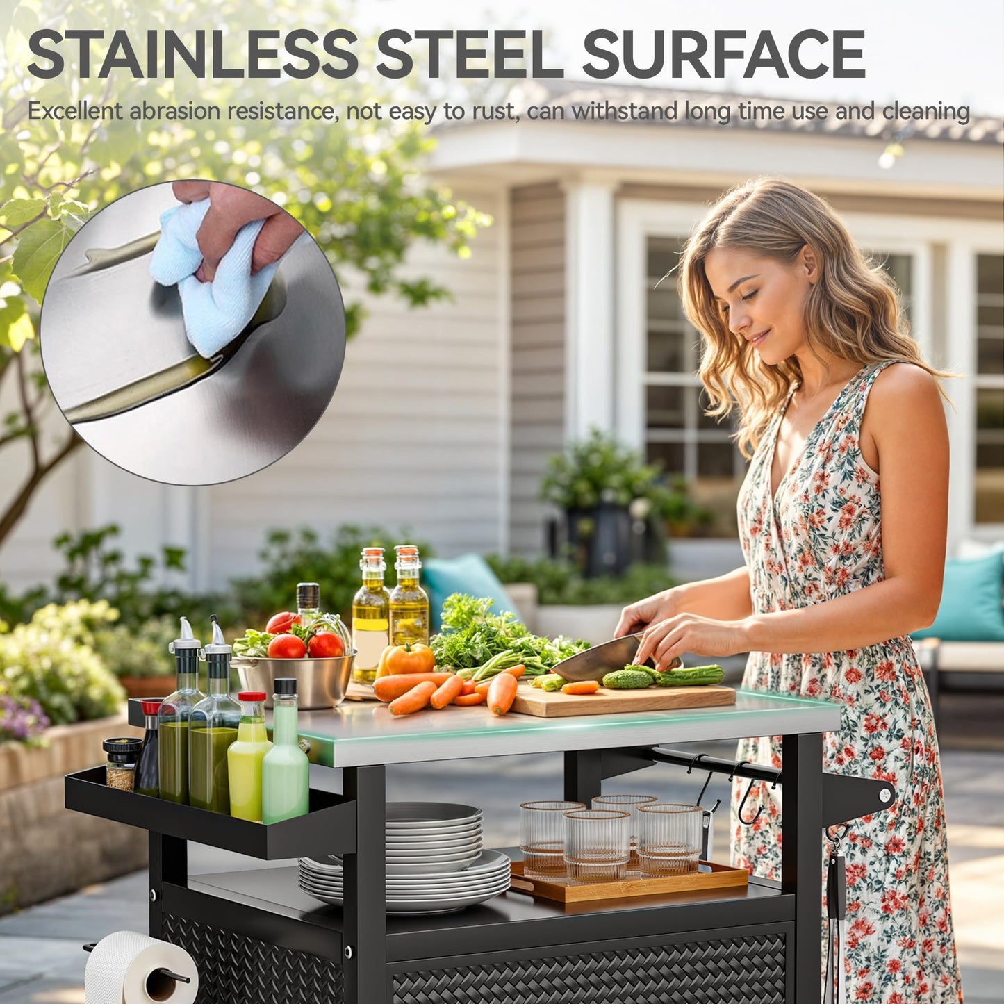 YITAHOME 25 Inch Outdoor Grill Cart with Stainless Steel Top, Outdoor Grill Table with Storage Shelves for Patio, Kitchen Prep, Grilling Accessories, Black