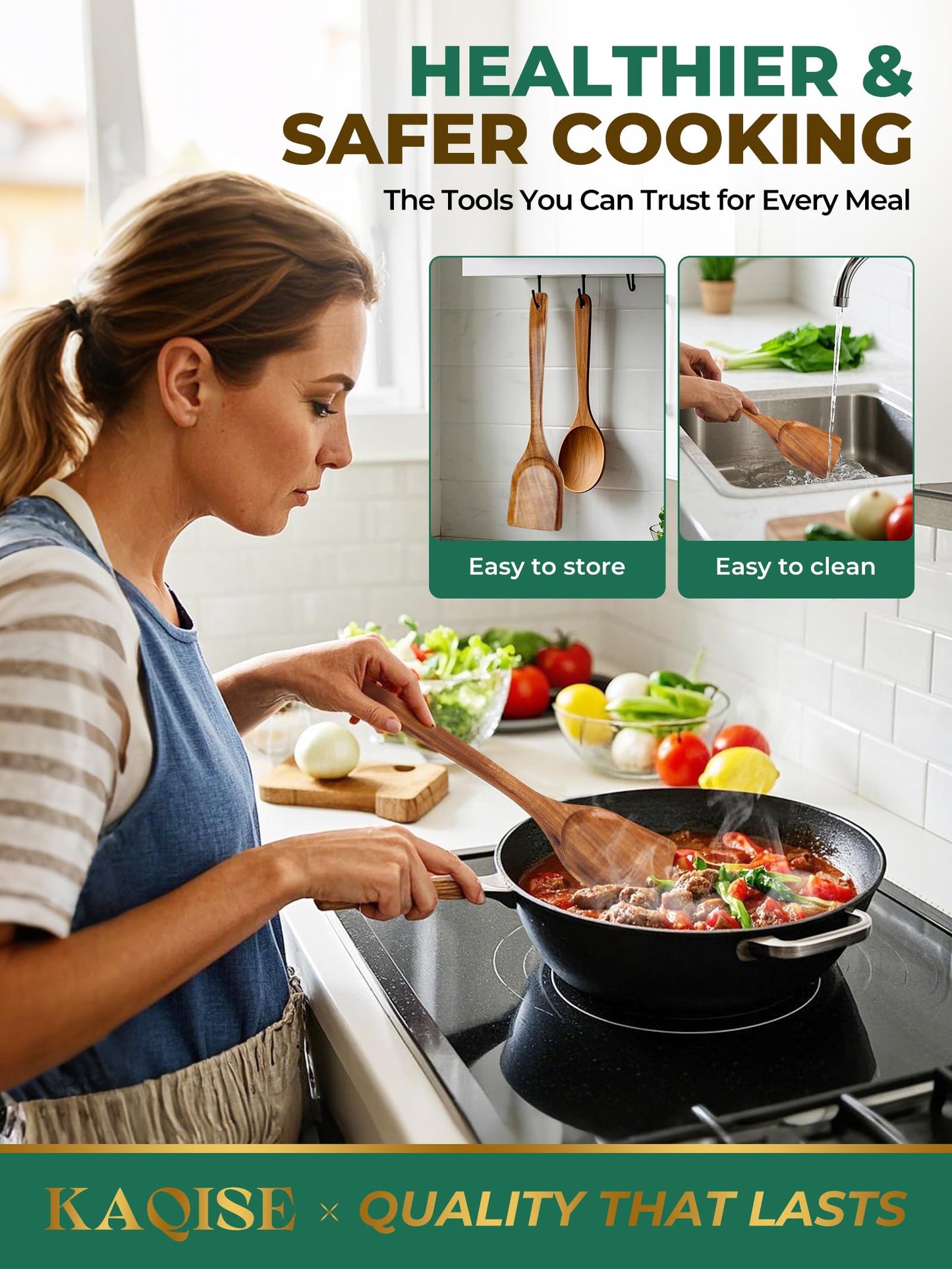 KAQISE Handmade Wooden Spatulas for Cooking, Natural Teak Wood Kitchen Utensils, Smooth Finish Wooden Flat Cooking Spatula Turner Set (2Pcs)