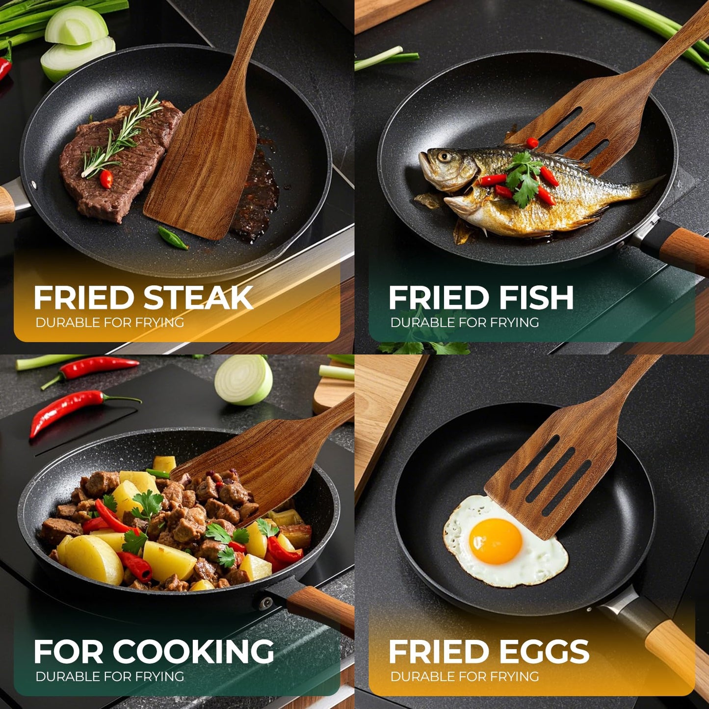 AIUHI Teak Wood Spatula for Cooking, Durable Flat Turner and Slotted Spatula for Nonstick Cookware, Long Handle Natural Wooden Cooking Utensils 2 Pieces