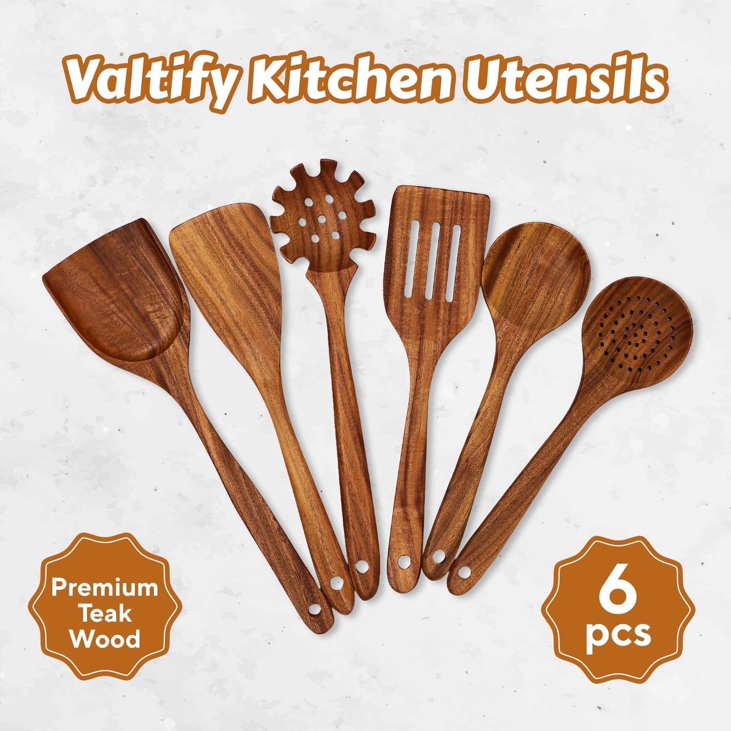 Valtify Kitchen Utensil Set, Comfort Grip Wooden Cooking Spoons and Spatula, Eco-Friendly, Heat-Resistant, Teakwood Utensils for Cooking, 6-Piece Set with Wooden Spoons and Kitchen Accessories