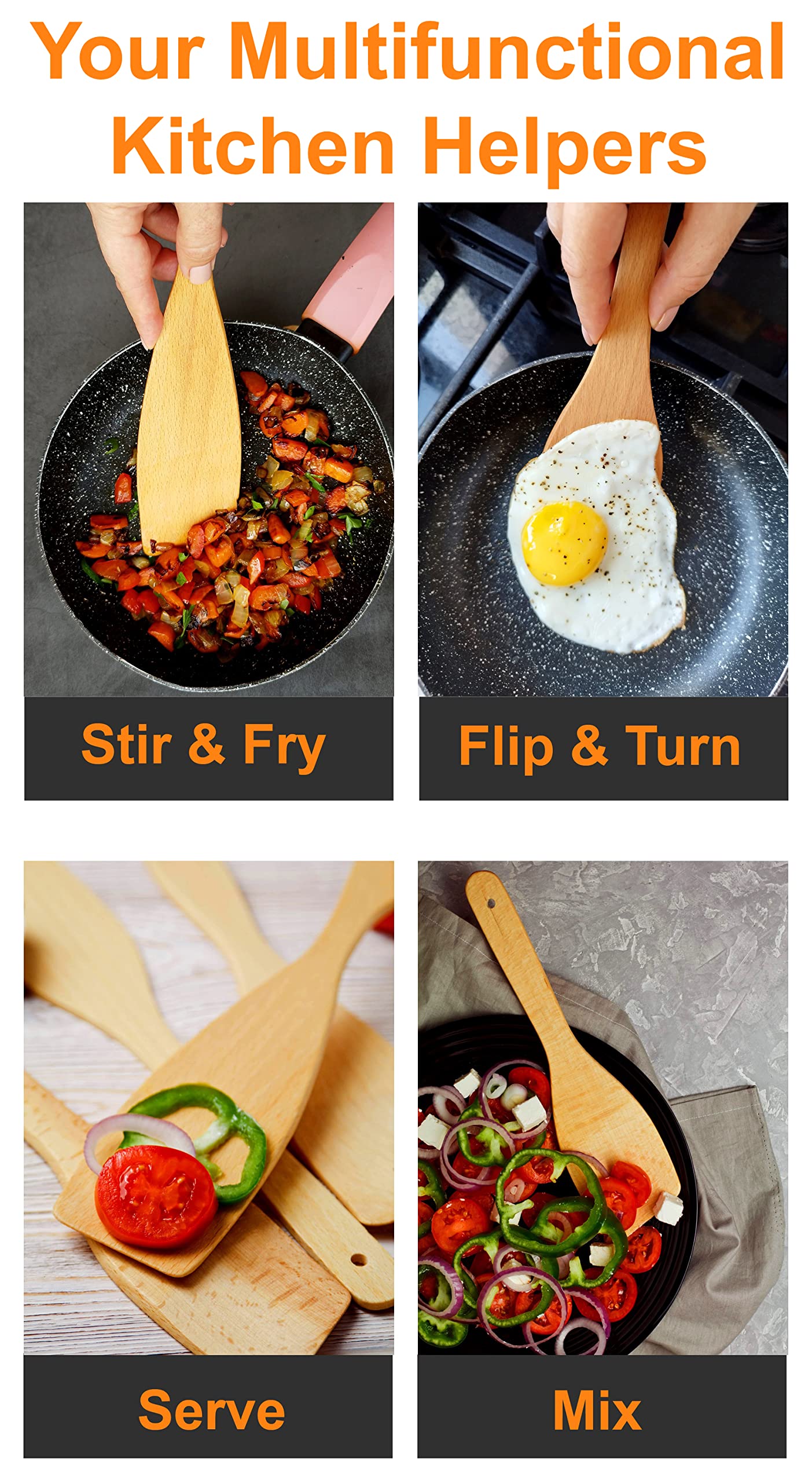 ECOSALL 6 Wooden Spoons for Cooking – Made in Ukraine 100% Natural Healthy Nonstick Wooden Spatula Spoons - Premium Solid Wood Cooking Utensils Set - Strong, Durable Eco Hardwood Beechwood Spoons Set