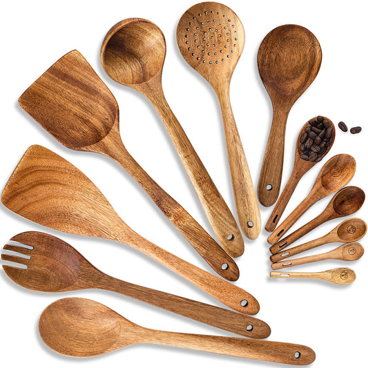 Wooden Spoons for Cooking, 13pcs Acacia Wood Cooking Utensils Set Includes Wooden Spoon, Spatula, Soup Ladle, Measuring Spoons for Kitchen Use, Nonstick Natural Healthy Kitchen Cookware Gift