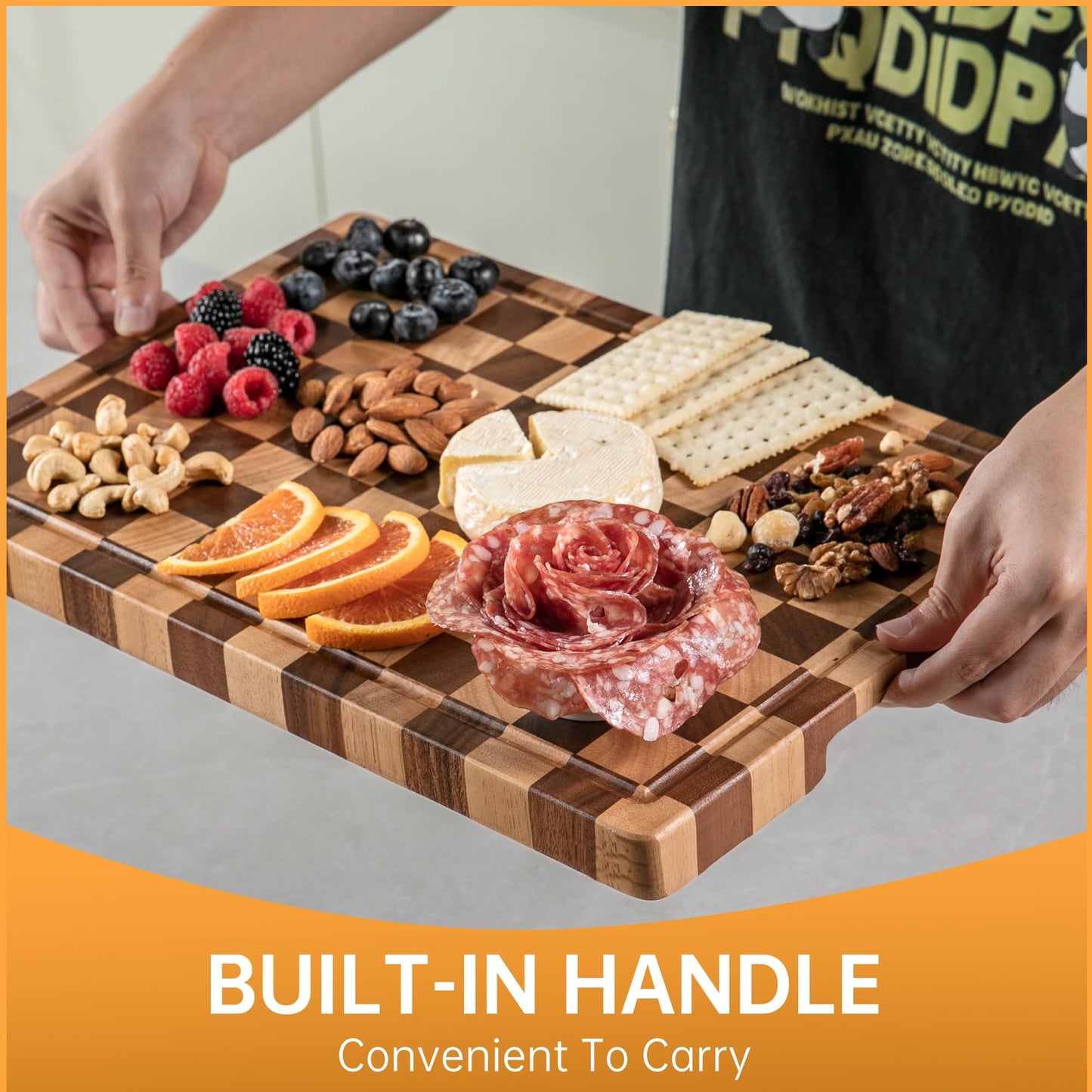 THETCHRY Cutting Boards for Kitchen, Checkered Cutting Board Upgraded, Acacia Wood Chopping Board with Juice Grooves & Handles, Large Butcher Block Serving Tray with Gift Box, 16.5" x 11.6" x 0.8"