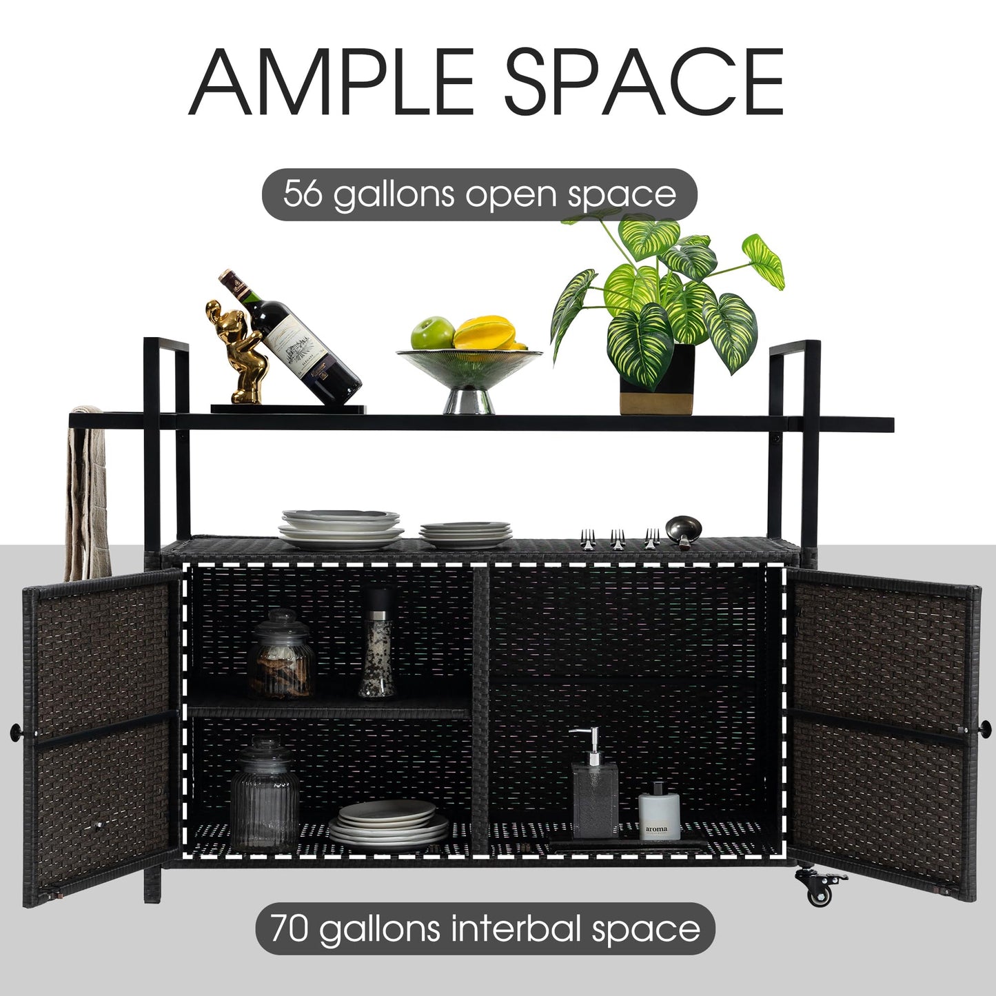 HOMEFUN Outdoor Bar Cart Table - Patio Console Storage Cabinet BBQ Grill Carts Buffet with Wheels Waterproof Wicker Serving Tables for Outside, Black