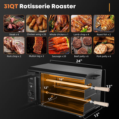Electric Rotisserie Grill Indoor with Auto-Rotating Skewers, 31 QT Smoke-Free Rotisserie Oven with Timer for Brazilian Picanha BBQ, Churrasco, Black