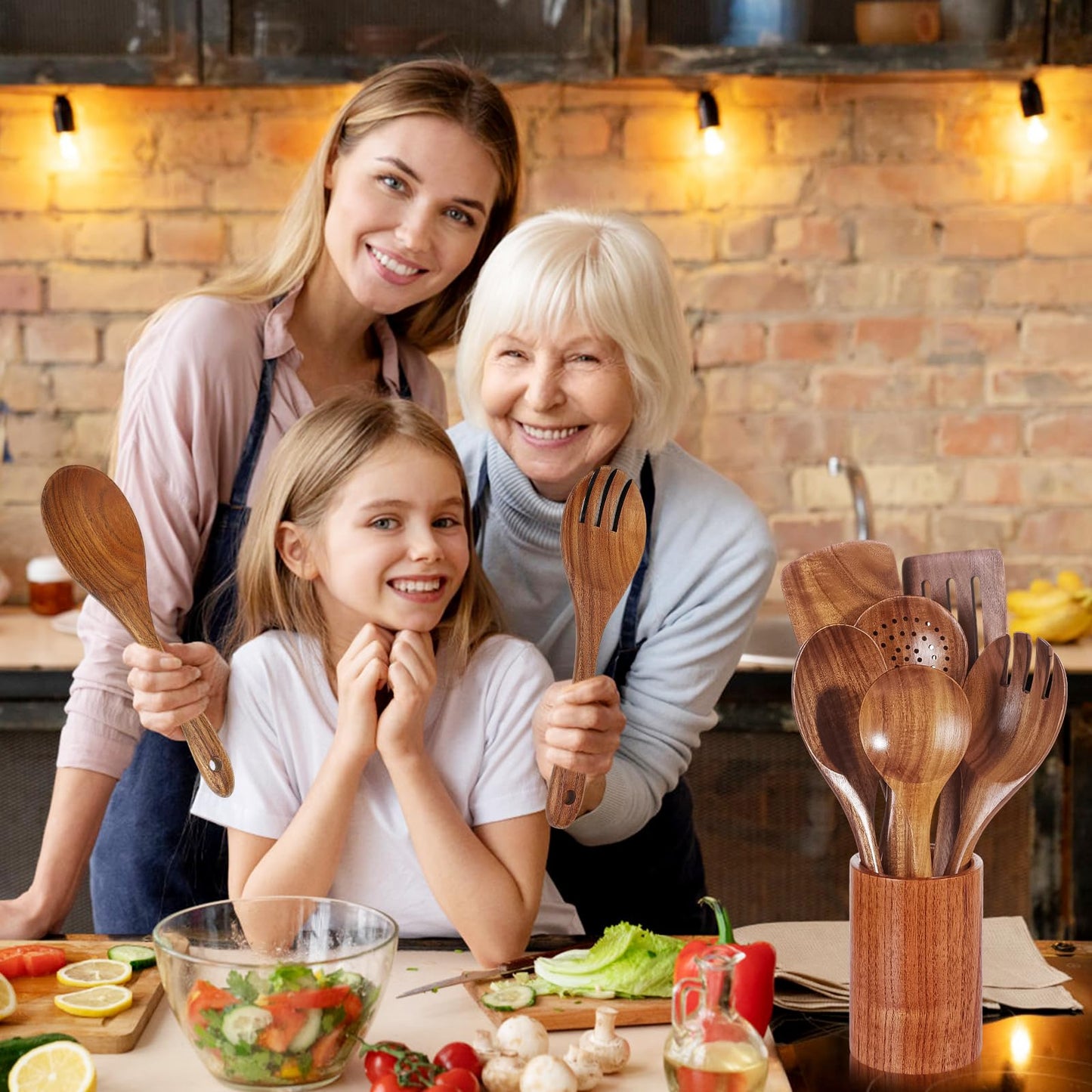 AIUHI Natural Solid Teak Wooden Cooking Utensils for Nonstick Cookware, Wooden Kitchen Utensils Set Includes Spoons, Spatulas, Strainer Spoon, Salad Fork with Holder and Spoon Rest (9PCS)