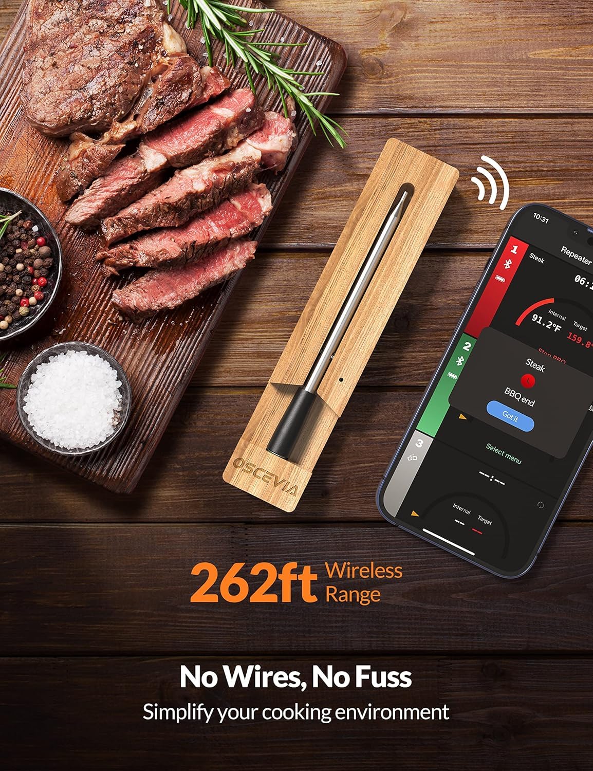 Smart Meat Thermometer Digital, Wireless Food Thermometer Bluetooth with Alert, WiFi, Instant Read, 262ft Range, IP67 Waterproof, Dishwasher Safe for Oven,Smoker,BBQ, Kitchen, Grill, Rotisserie