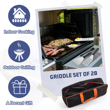 HaSteeL 28Pcs Griddle Accessories Kit, Stainless Steel Flat Top Grill Accessory Tools Set, Metal Spatulas, Scraper Choppers, Melting Domes, Cast Iron Burger Press, for Teppanyaki Tabletop Hibachi BBQ