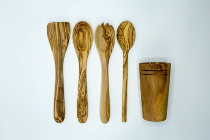 Olive Wood 5-Piece Wooden Cooking Utensil Set - Includes holder with spatula, cooking/mixing spoon, salad spoon and fork - Handcrafted in Tunisia - Unique patterns and color variations