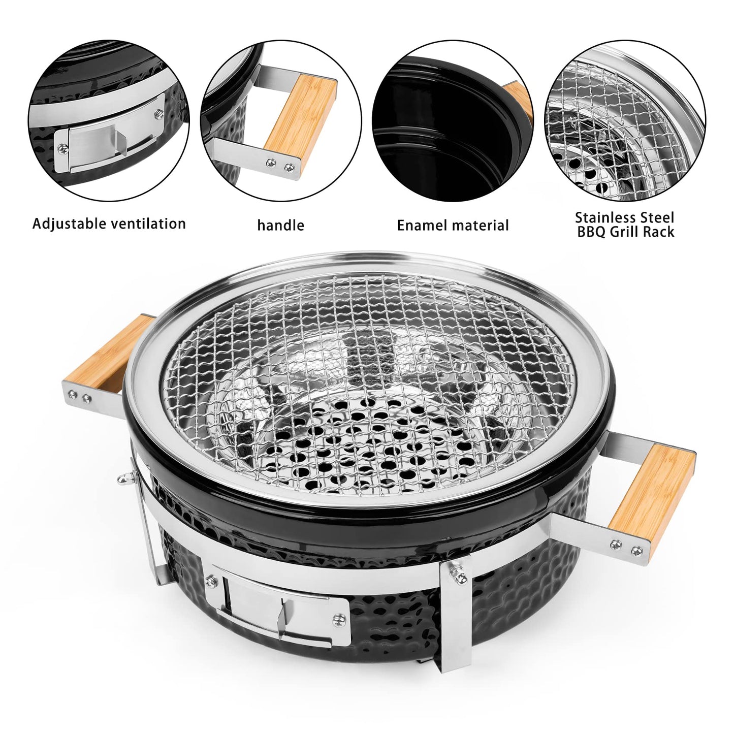 Onlyfire Ceramic Hibachi Charcoal Grill with Grid Lifter, 14" Portable BBQ Yakitori Grill with Stainless Steel Grate for Outdoor Patio Backyard Barbecue Cooking, GS305