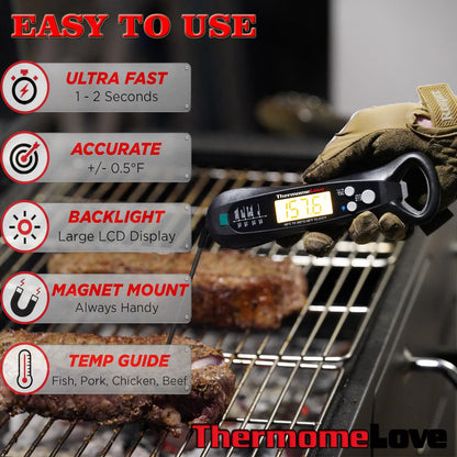 Thermomelove Digital Meat Thermometer with LCD Display,Waterproof,2-3s Response Time,for Cooking,Candy,Deep Fry,BBQ,Grill,Oil,Smoker and Roast,Camping & Kitchen Essentials(D1-Blcak)