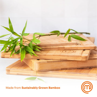 MasterChef Bamboo Cutting Boards for Kitchen, Wooden Cutting Board Set of 3, Natural, Organic & Food Safe Surface, Reversible Large, Medium & Small Wooden Chopping Boards with Juice Grooves