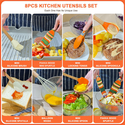 Kitchen Utensils Set,8PCS Spurtles Kitchen Tools,Pakkawood Spurtle Set,wooden Handle silicone Cooking Utensils Set,with Whisk,Brush,Tongs, Spoon Spatula,Silicone spoon