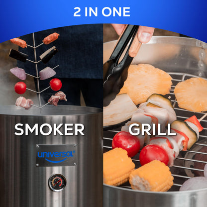 Universal 20-pound Stainless Steel (25-servings) Charcoal Barrel Smoker with Thermometer & Airlock system - 20.5"x 29.6" x ⌀15.5", 2 in 1 Vertical Grill and Smoker, Slow Cooking Barrel