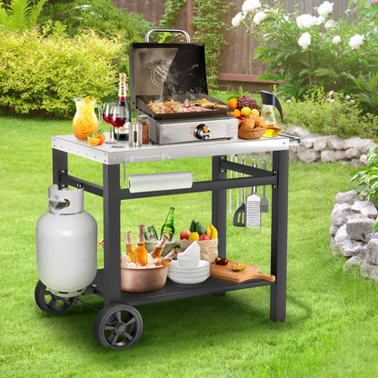 GRILL FORCE Outdoor Grill Table, Movable Dining Cart, Pizza Oven Table Stand, Double-Shelf Grill Stand, Food Prep and Work Cart with Wheels, Hooks, Fits for Blackstone Ninja
