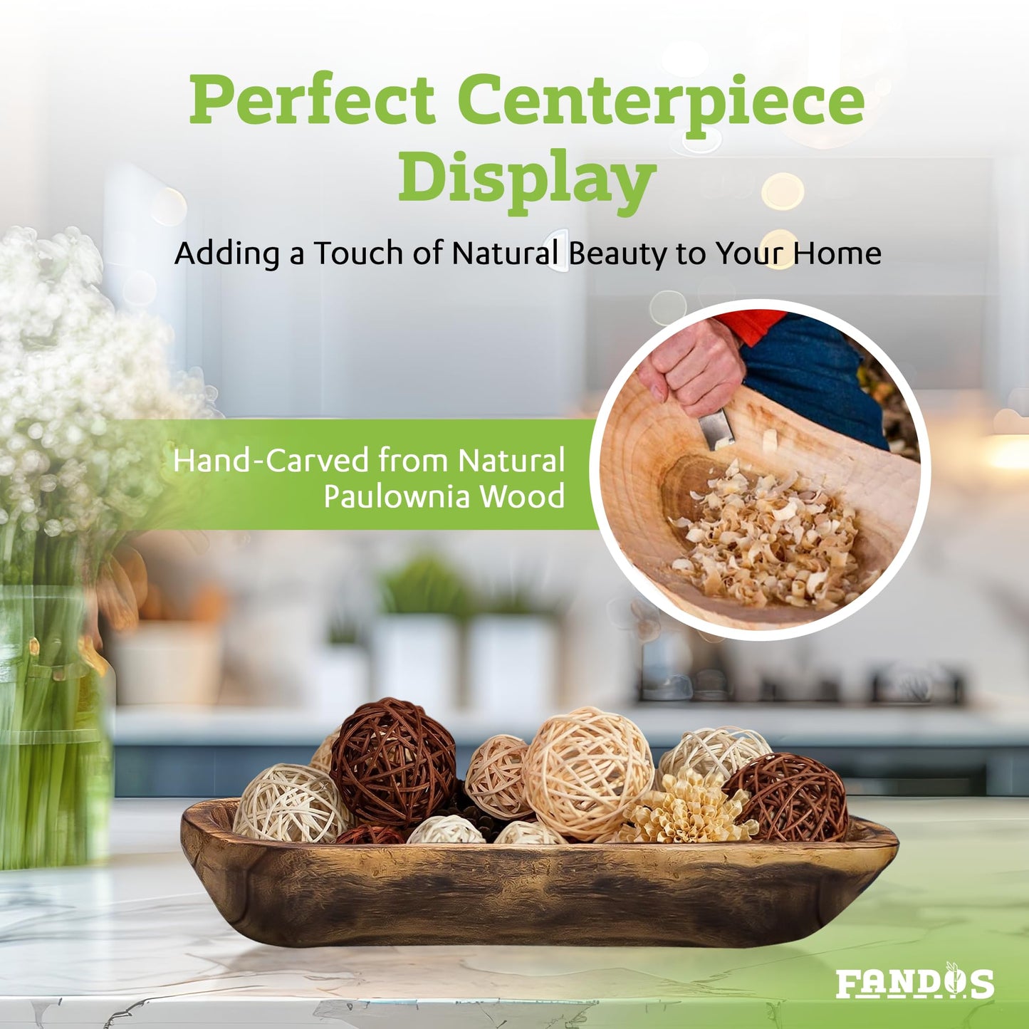 FANDOS Wooden Dough Bowl for Decor - 17¾ in Long Hand Carved Paulownia, Large Rustic Decorative Bowl for Home Table Centerpiece, Keys, Entryway Table, Catchall Tray & Wooden Dining Room Centerpiece