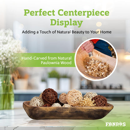FANDOS Wooden Dough Bowl for Decor - 17¾ in Long Hand Carved Paulownia, Large Rustic Decorative Bowl for Home Table Centerpiece, Keys, Entryway Table, Catchall Tray & Wooden Dining Room Centerpiece