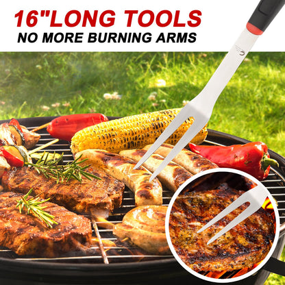 BBQ Tools Set, Heavy Duty Stainless Steel Spatula, Fork & Tongs with Portable Bag, Essential Accessories for Barbecue Outdoor Grill, Grilling Gifts for Men Dad Camp Chef