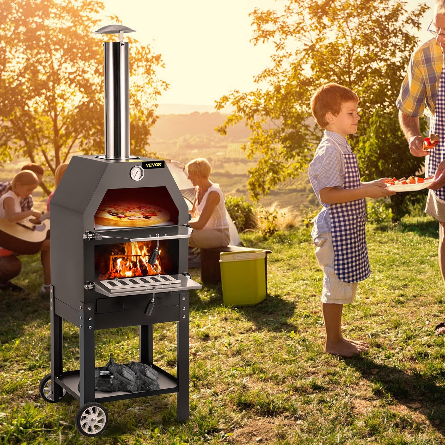 VEVOR Outdoor Pizza Oven, 12" Wood Fire Oven, 2-Layer Pizza Oven Wood Fired, Wood Burning Outdoor Pizza Oven with 2 Removable Wheels, 700℉ Max Temperature Wood Fired Pizza Maker Ovens for Barbecue