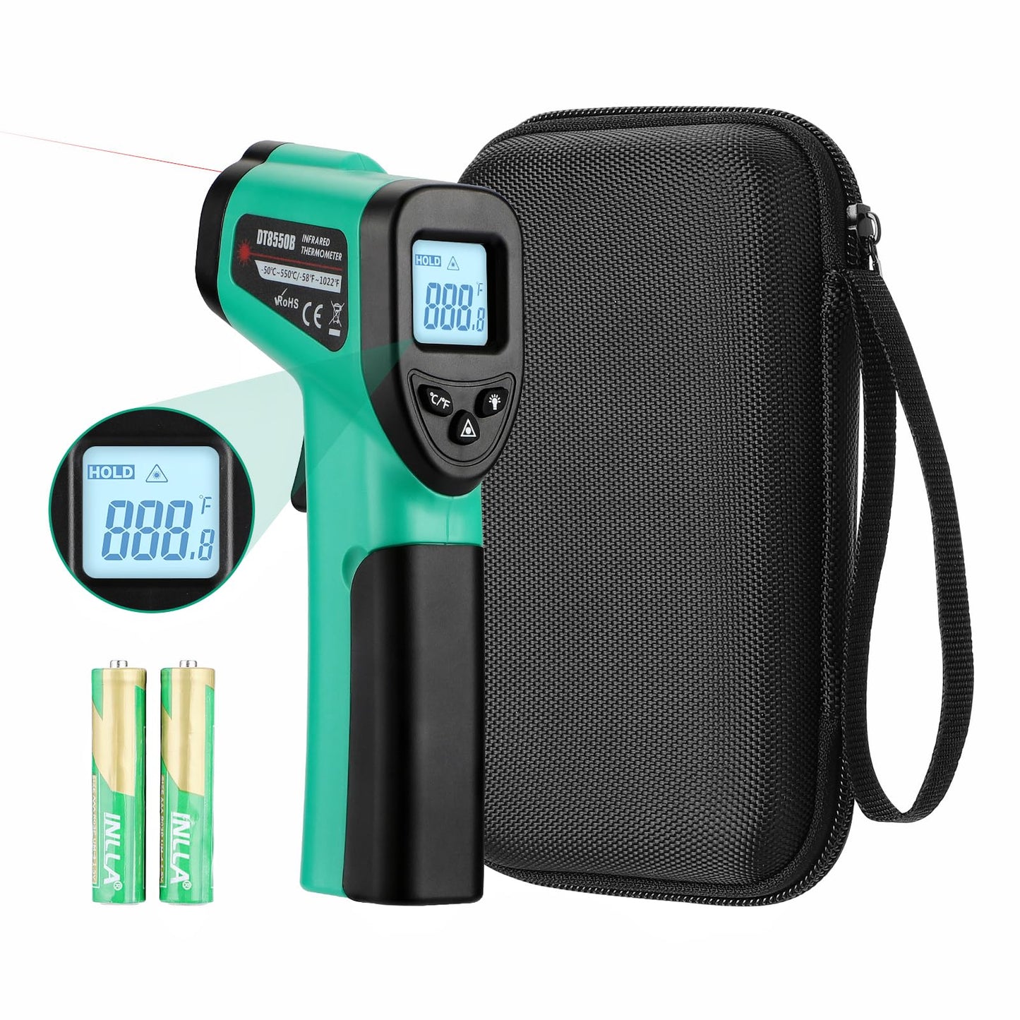 OnniOne Infrared Thermometer Gun for Cooking, -58℉~1022℉, Digital Laser Temperature Gun for Blackstone Pizza Oven Reptiles, IR Thermometer with Carrying Storage Case, Larger Font, LCD Backlit, Green