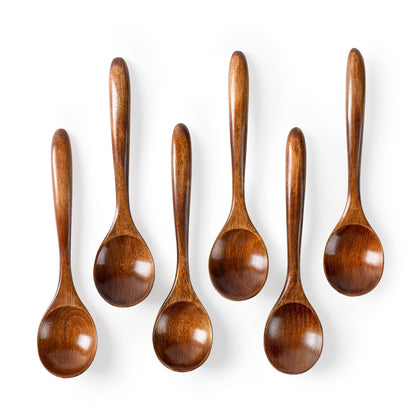 Hefild 6 PCS Wooden Spoons for Honey, 6.7 inch Small Wooden Spoons - Terrific for Tea, Coffee & Soup, Little Wood Serving Table Spoon Set, Bulk Bamboo Teaspoon for Eating with Unique Design