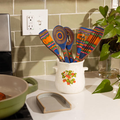 5pc Wood Cooking Utensils Set - Wooden Spoons for Cooking – Pakka Wood Utensils for Cooking and Serving – Comfortable Grip and Non Stick (Blue Rainbow)