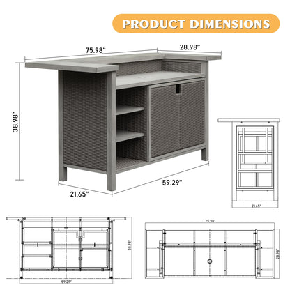 Domi Home Bar Unit，Modern Wicker Outdoor Bar Table with Aluminum Frame, Grill Table and Liquor Cabinet Bar for Patio, Home Kitchen, Dining Room, Living Room, Gray