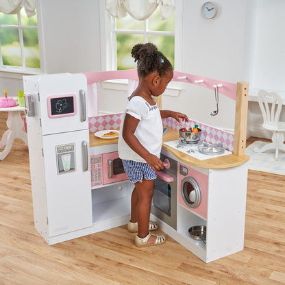 KidKraft Grand Gourmet Corner Wooden Play Kitchen with Washer, Chalkboard, Curtains and 4 Accessories, Gift for Ages 3+