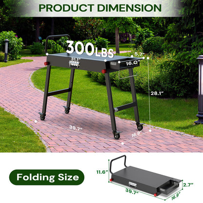 NUUK 31"x17" Outdoor Foldable BBQ Grill Table Cart Portable Folding Prep Worktable for Outside Cooking, Pizza Oven, Heavy-Duty 300LBS Capacity with Universal Wheels, Hander