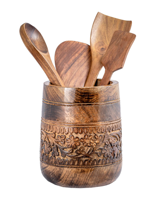 Mie Creations Rustic 7'' Large Utensil Crock Holder for Kitchen Countertop | Wooden Cooking Spatula Organizer for Party, Floral Hand carving Utensils Caddy, Vintage Kitchen Counter Decor- Dark Brown