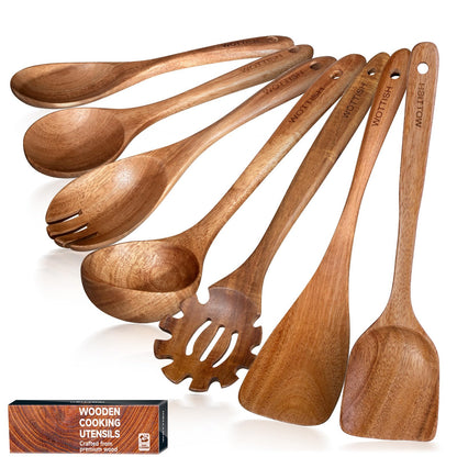 Wooden Utensil Set,WOTTISH 7Pcs Nonstick Wood Spatula,Wooden Kitchen Utensils Set Non Toxic,Wooden Spoons for Cooking（A07）