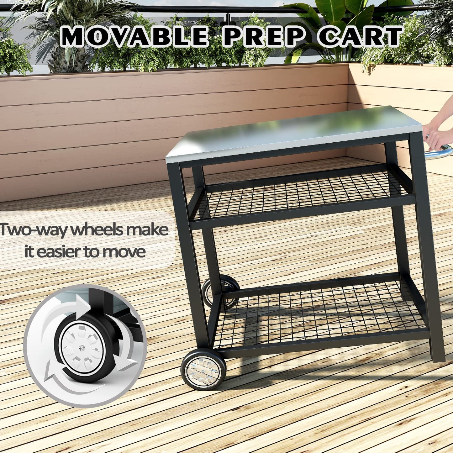 WEASHUME Stainless Steel Grill Cart Pizza Oven Stand Trolley Table with Wheels Pizza Cart Three-Shelf Movable Food Prep Work Dining Table with Double-Shelf Heavy Duty Outdoor 31.5" x 24 x 33.5
