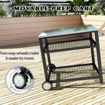 WEASHUME Stainless Steel Grill Cart Pizza Oven Stand Trolley Table with Wheels Pizza Cart Three-Shelf Movable Food Prep Work Dining Table with Double-Shelf Heavy Duty Outdoor 31.5" x 24 x 33.5