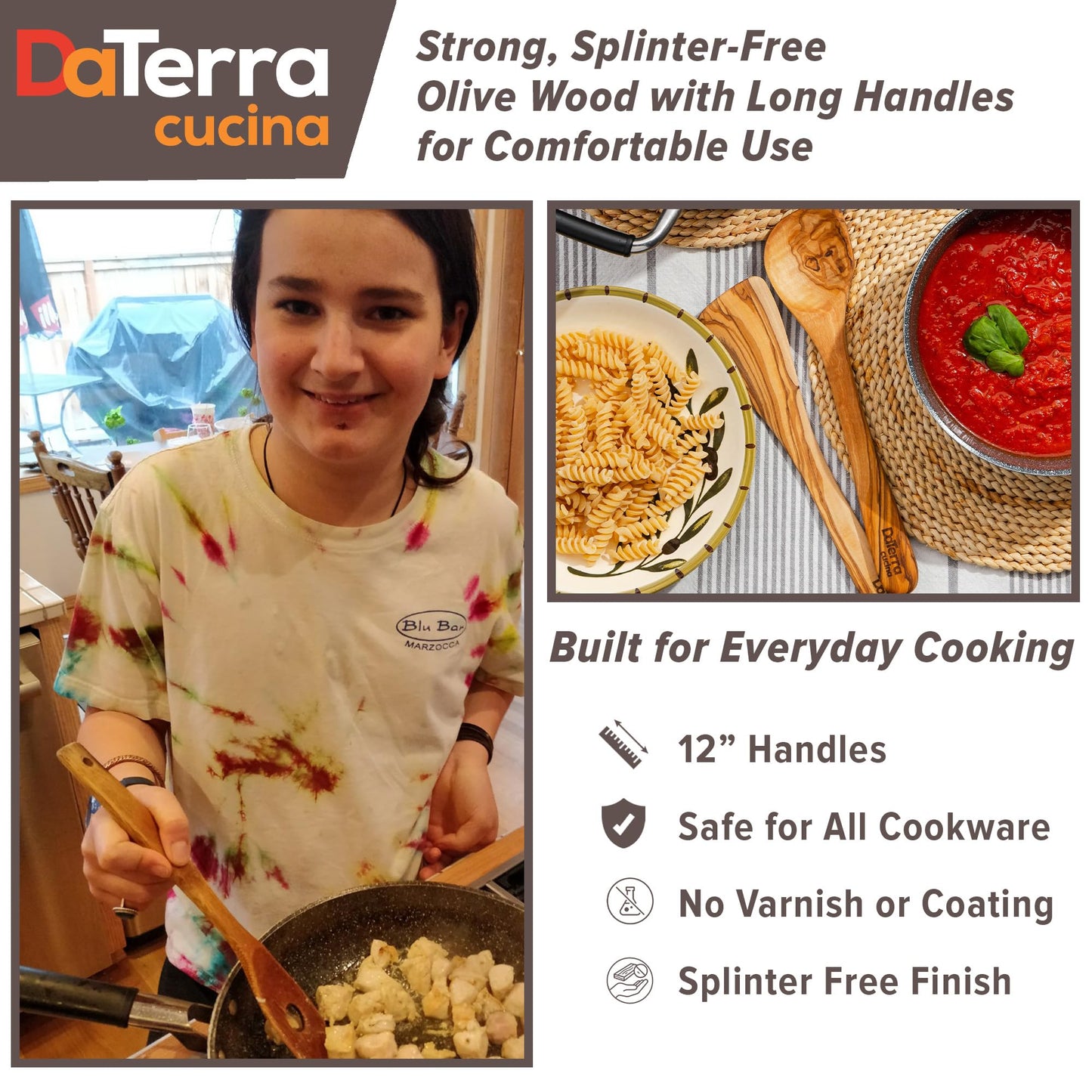 12-Inch Olive Wood Cooking Tools – 5-Piece Wooden Kitchen Utensils Set with Spoons, Spatulas & Cooking Tools – Wood Kitchen Utensils Set for Cooking – Crafted Wood Essentials by DaTerra Cucina