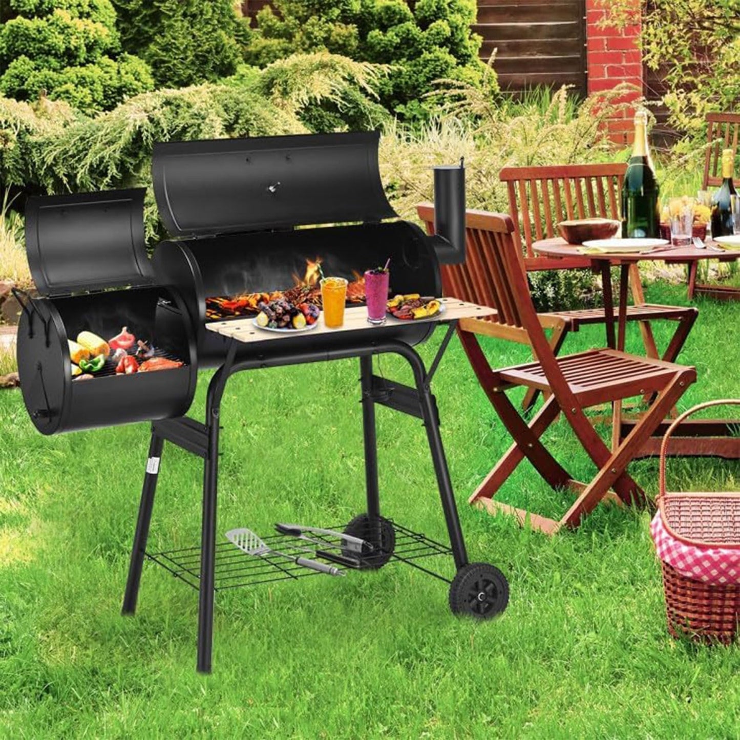 RENJJPBO Barrel Charcoal Grill with Offset Smoker, Wheels for Easy Rolling, and Table for Small Patio Backyards