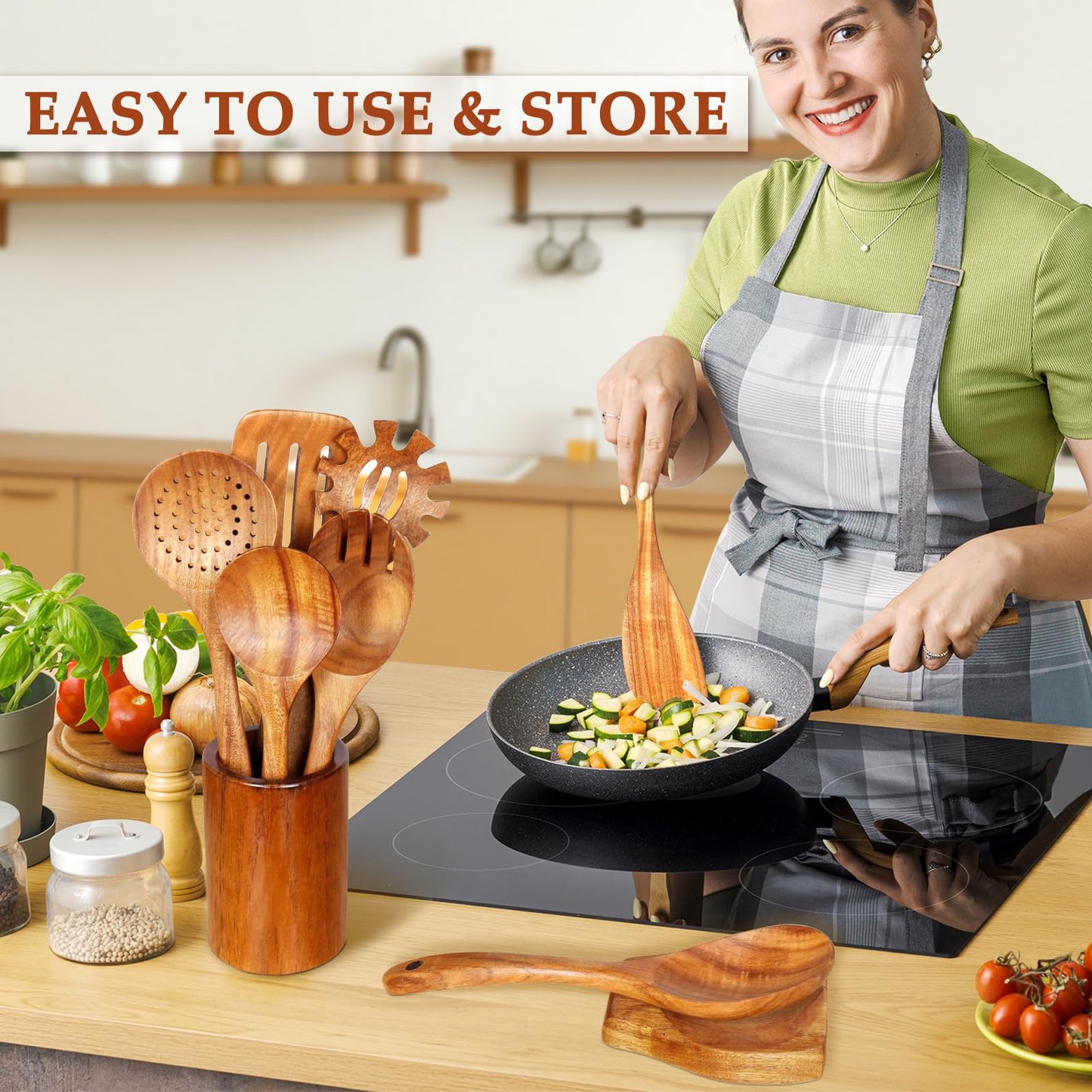 Wooden Spoons for Cooking 9 Pieces - Kitchen Wooden Cooking Utensils Set - Smooth Teak Utensils with Comfort Grip, Wood Spatula and Spoons Perfect for Cooking, Non-Stick Cookware