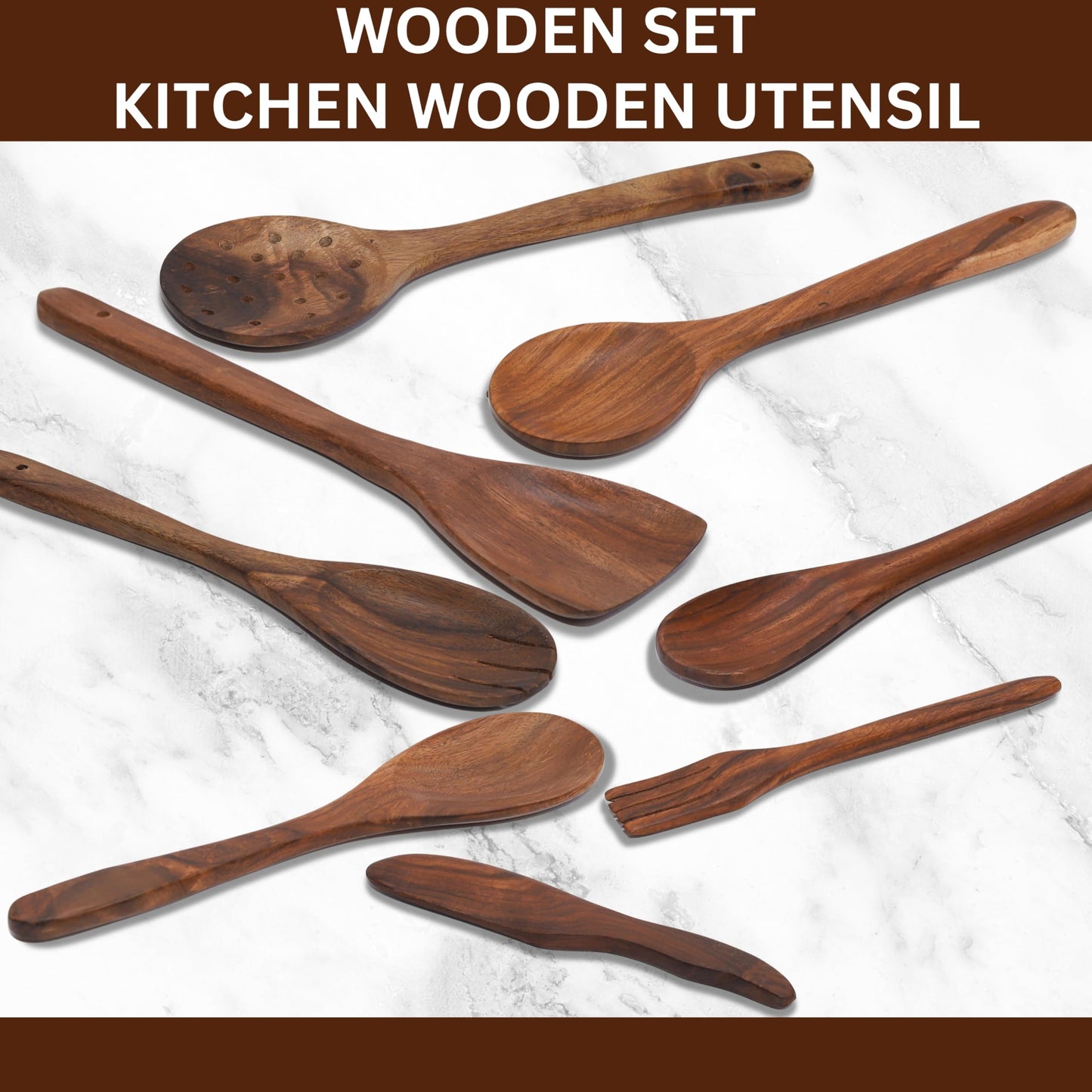 Wooden Cooking Spoons – 8 Pcs Teak & Acacia Wood Kitchen Utensil Set with Rotating Holder, Spatulas, Salad Fork, Skimmer, Spoon Rest, Wooden Knife – Nonstick, Heat-Resistant, Natural Utensils