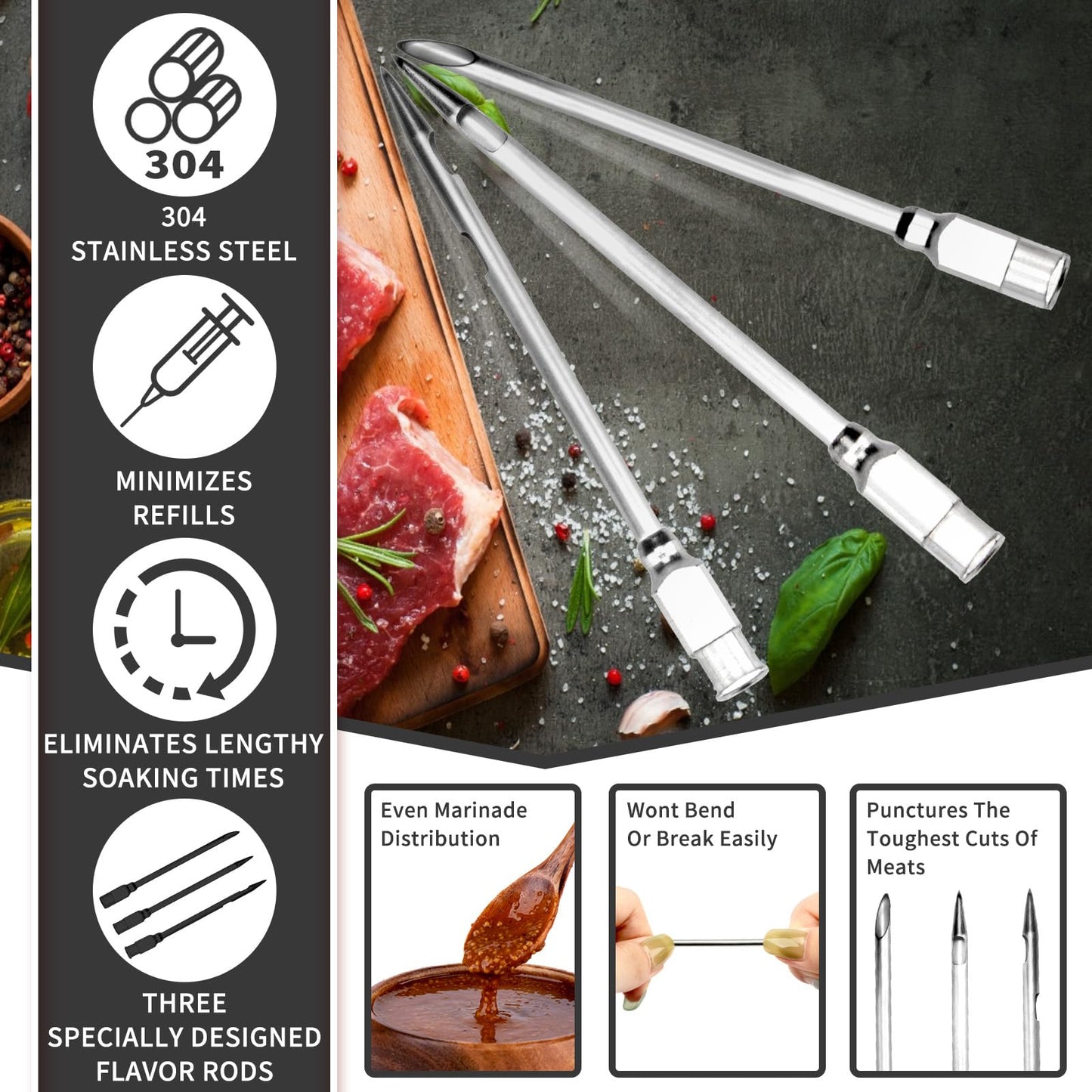 Turkey Meat Injector Syringe Kit with 3 Marinade Needles for BBQ Grill Smoker, 1 Cleaning Brush, 1 Oz/30 ml Large Capacity Injector Marinades for Meats Black