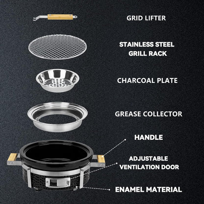 Onlyfire Ceramic Hibachi Charcoal Grill with Grid Lifter, 14" Portable BBQ Yakitori Grill with Stainless Steel Grate for Outdoor Patio Backyard Barbecue Cooking, GS305