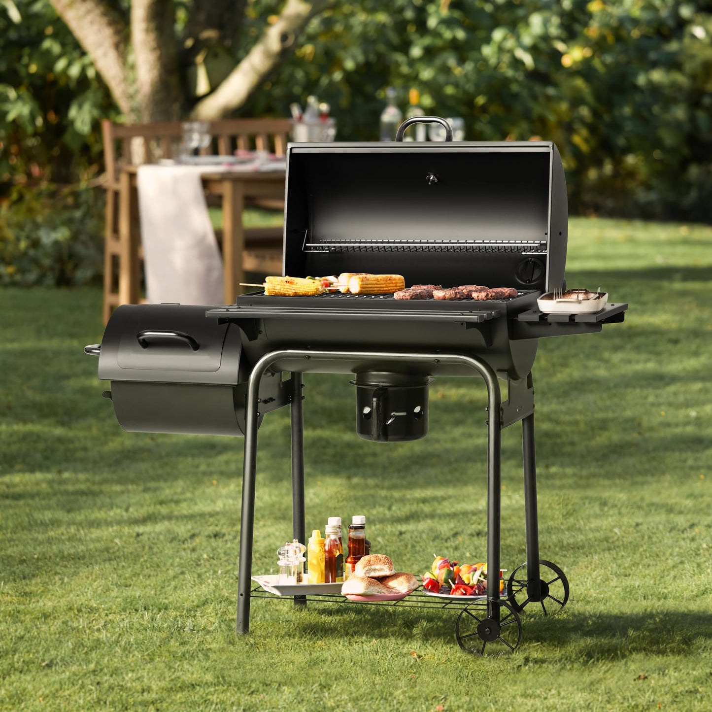 Devoko Charcoal Grill, Outdoor BBQ Grill with Offset Smoker and Side Table for Garden and Parties