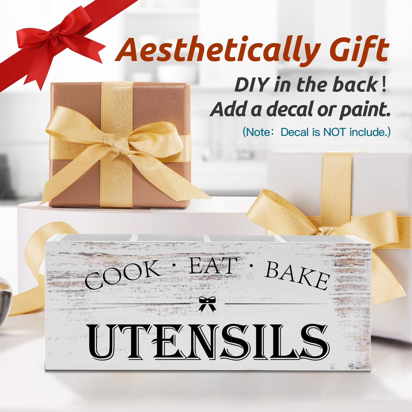 Suli Extra Large Kitchen Utensils Holder with 4 Compartments, Wooden Utensil Organizer for Kitchen Countertop, Farmhouse Decor, Rustic Cooking Utensil - White grain