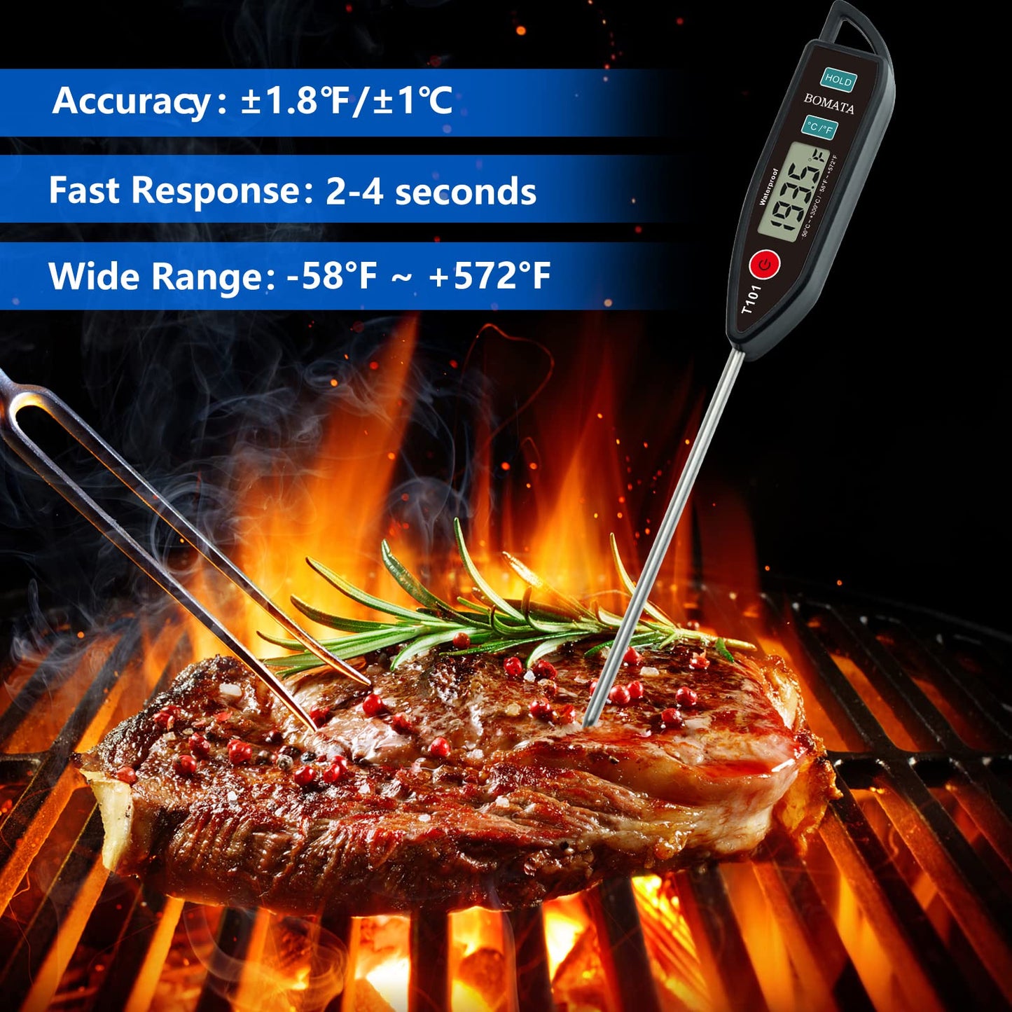 BOMATA Food Thermometer for Cooking, Water, Waterproof IPX7 Digital Thermometer with Long Probe for Bread Baking, Meat, Liquid, Candy.. T101 (Black Color)…