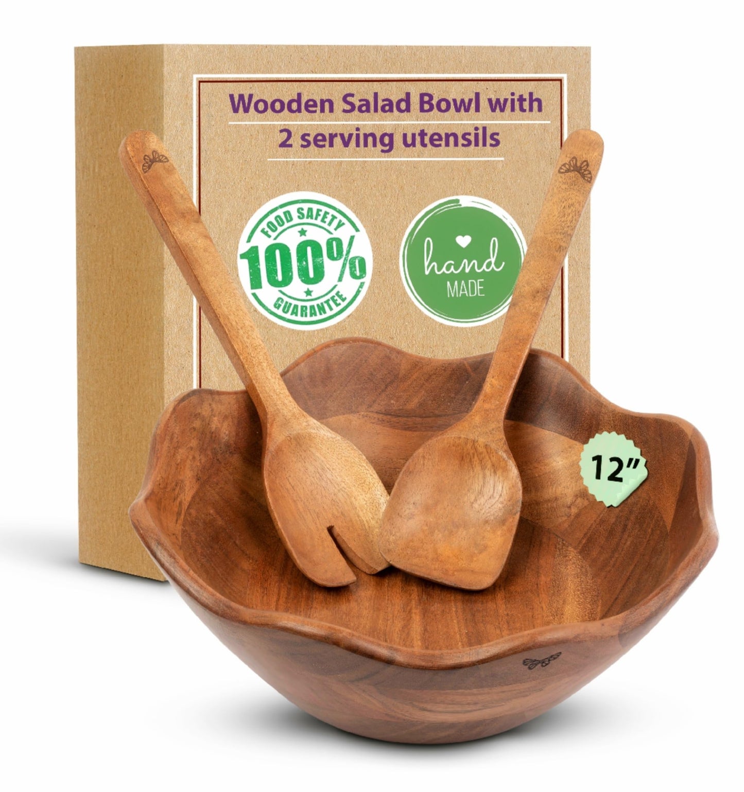 Melvvi Large Wooden Salad Bowl Set with 2 Small Bowls and 2 Serving Utensils | 12" & 6" Acacia Wood Bowls for Food | Great Gift for Kitchen & Dining (Natural Set of 5) (Natural Set of 3)